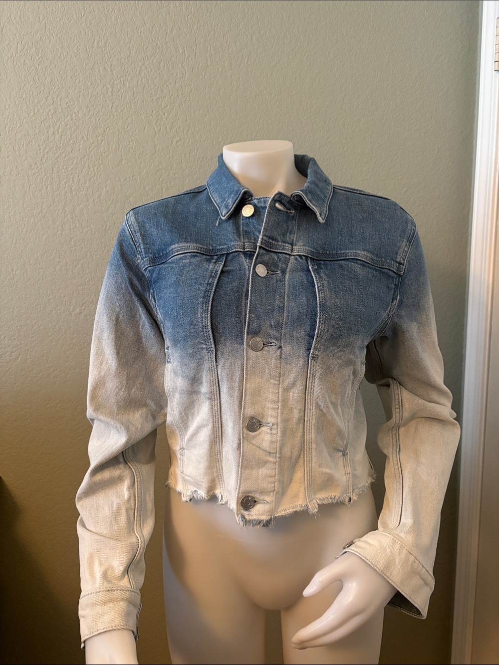 7 For All Mankind Ombre Cropped Denim Jacket - Blue to Light Wash